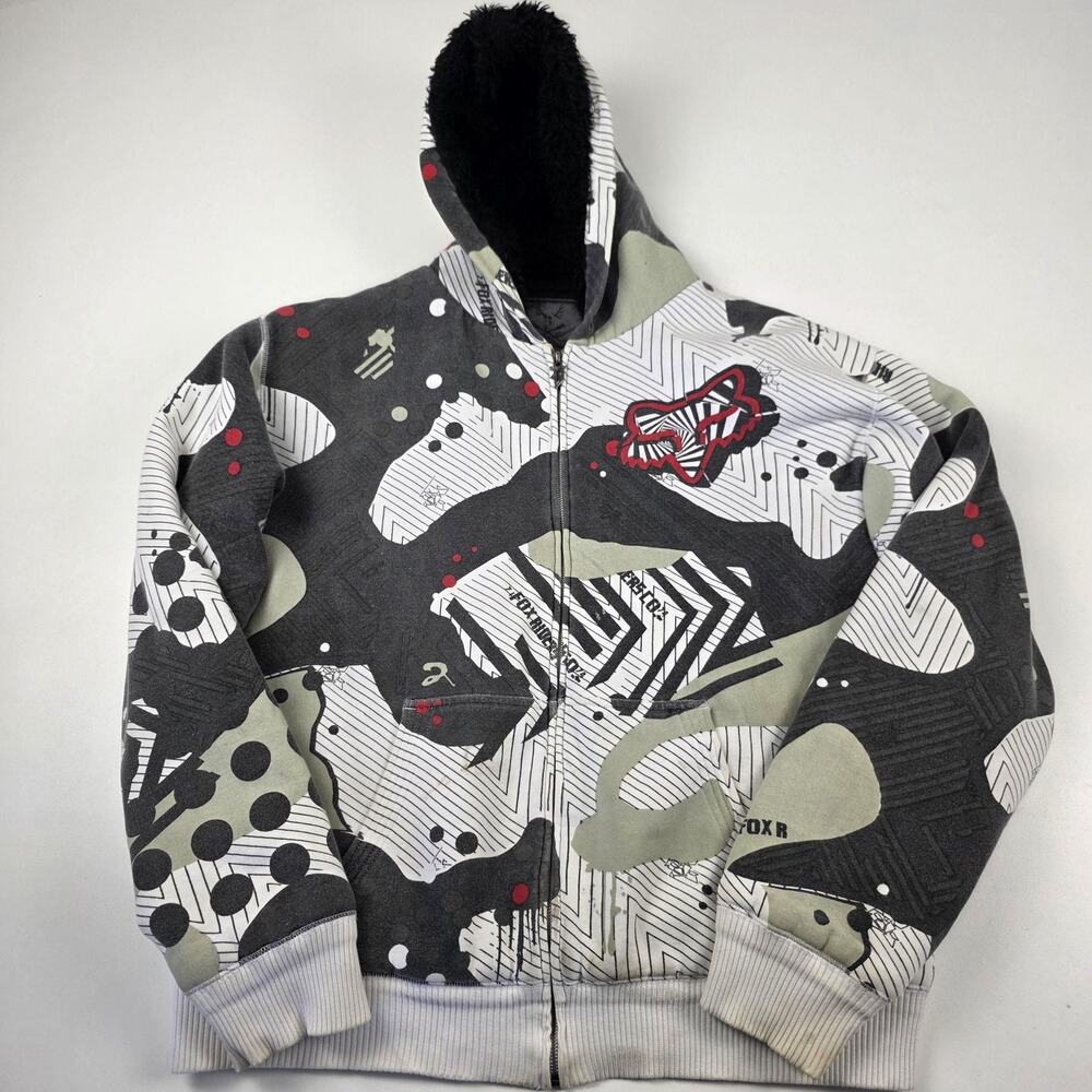 Vintage Y2K Fox Racing Hoodie Mens XL‎ Gray Sasquatch Faux Fur Zip Jacket